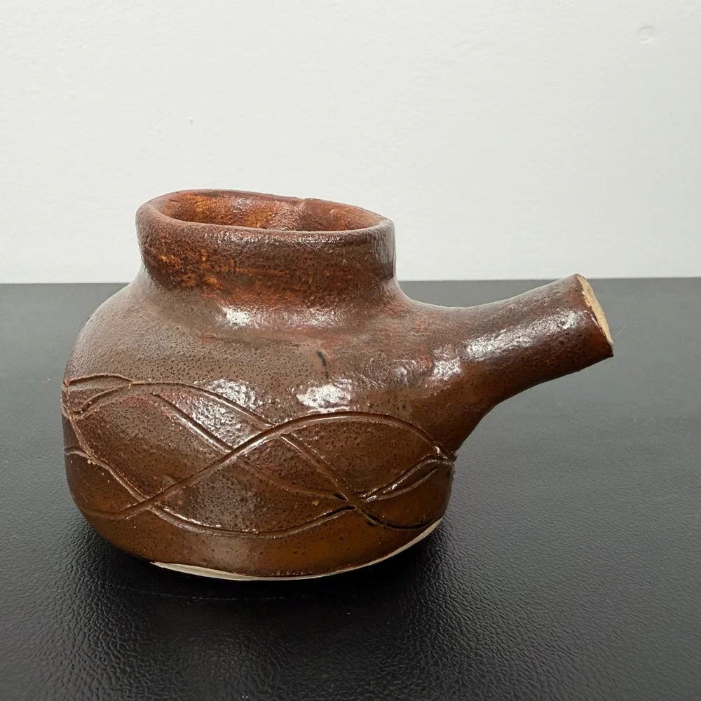Studio Pottery Handcrafted Brown Glazed Spouted Vessel Signed GL Rustic Decor